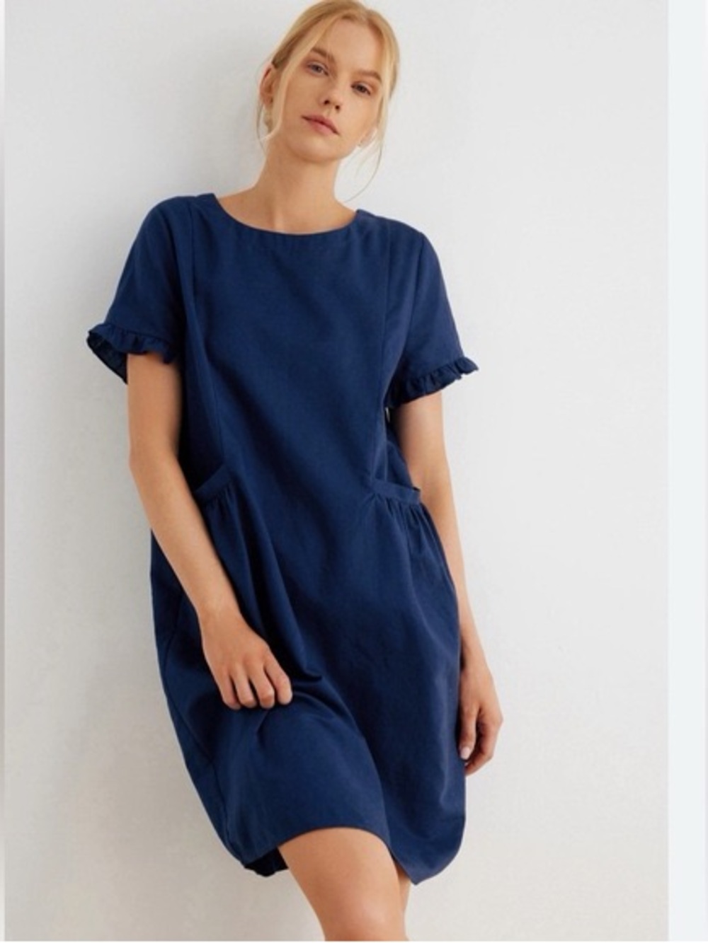 Grae Cove Navy Short Sleeve Ruffle-Sleeve Dress